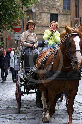 Horse drawn carriage in the city of Bruges in the province of West Flanders, Belgium.