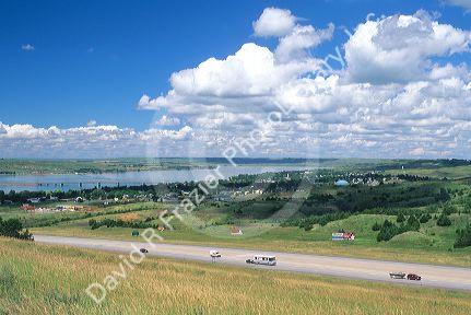 Automobiles traveling on Interstate 90 at the Missouri River, South Dakota.