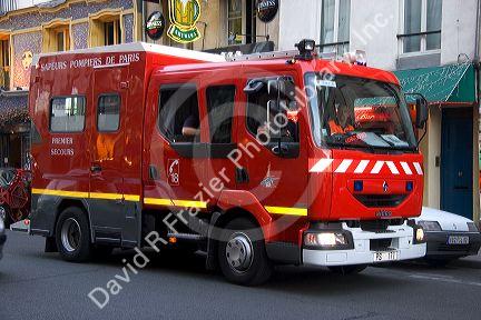 Firetruck on the street in Paris, France.