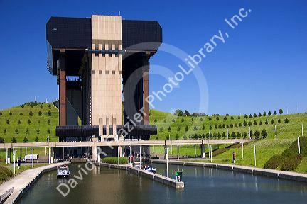 A view of the Strepy-Thieu boat lift on a branch of the Canal du Centre near the town of La Louviere in the province of Hainaut, Belgium.