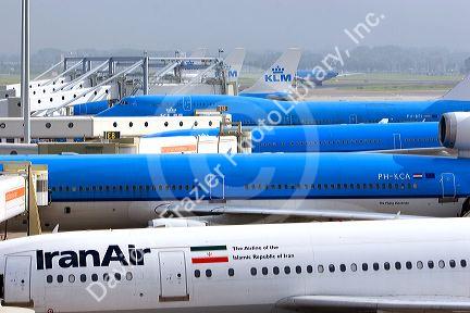 Airplanes parked at Schiphol Airport in Amsterdam, Netherlands.