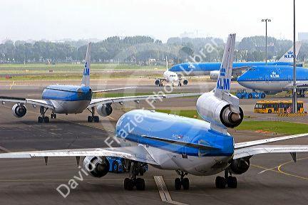 KLM airplanes at the Schiphol Airport in Amsterdam, Netherlands.