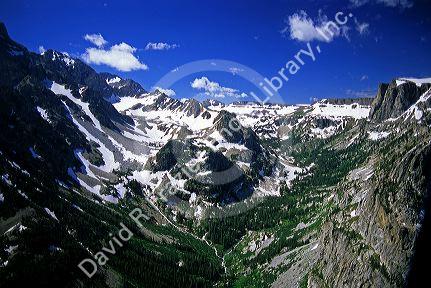 Aerial view of the Teton Mountain Range along the Idaho Wyoming border.
