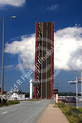 A bascule bridge in the up position at Le Havre in the department of Seine-Maritime, Normandy, France.
