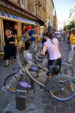 A rack of rental bicycles are a part of the Velib bike transit system in Paris, France.