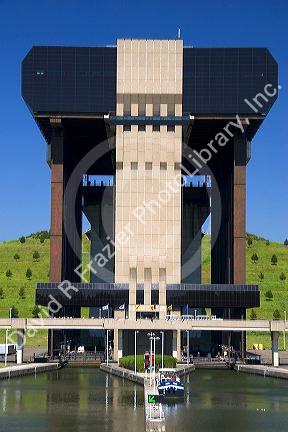 A view of the Strepy-Thieu boat lift on a branch of the Canal du Centre near the town of La Louviere in the province of Hainaut, Belgium.