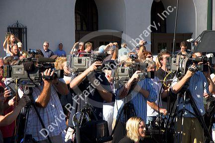 Media crews at a press conference for Idaho Senator Larry Craig in Boise, Idaho.