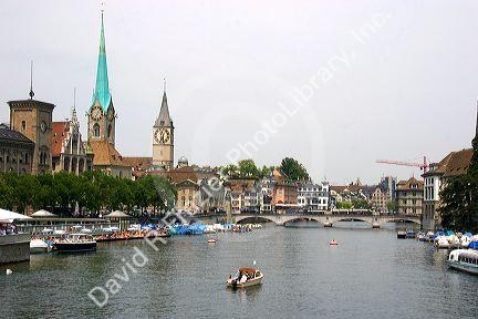 Limmat River in Zurich, Switzerland.

switzerland, swiss, europe, european, travel, tourism, swiss alps, alps, alpine, zurich, river, boats, limmat, limmat river