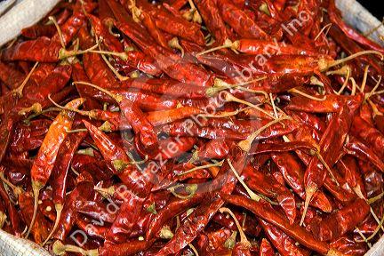 Dried chili peppers on sale at the Merced Market in Mexico City, Mexico.