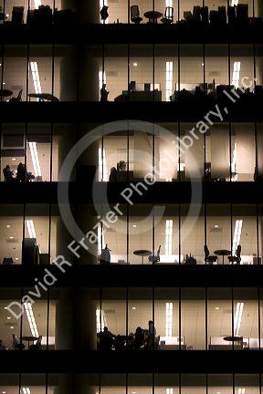 A view of an office building at night in Mexico City, Mexico.