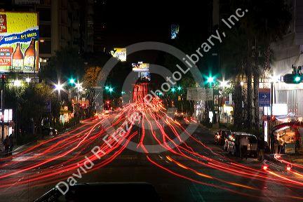 Nighttime traffic and city lights in Mexico City, Mexico.
