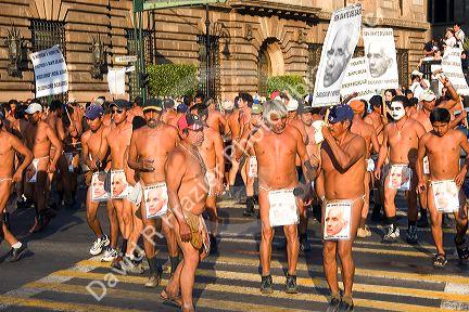 Naked Mexican protesters calling for an investigation of politicians in Mexico City, Mexico.