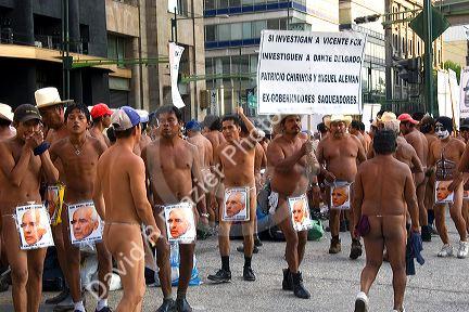 Naked Mexican protesters calling for an investigation of politicians in Mexico City, Mexico.
