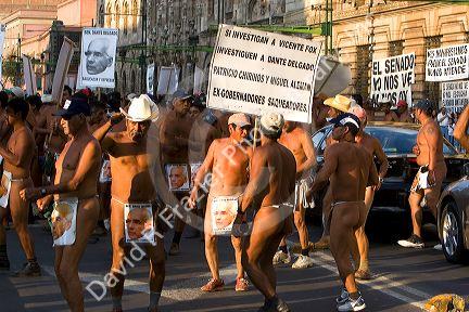 Naked Mexican protesters calling for an investigation of politicians in Mexico City, Mexico.