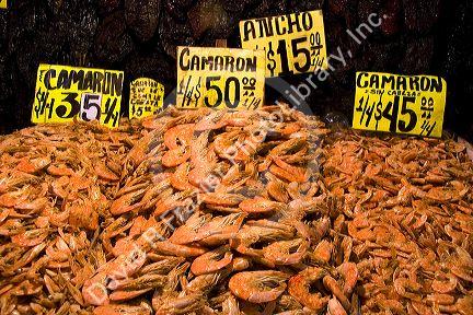 Dried shrimp and dried ancho chilis being sold at the Merced Market in Mexico City, Mexico.