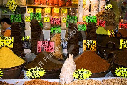 Mole pastes and powders being sold at the Merced Market in Mexico City, Mexico.