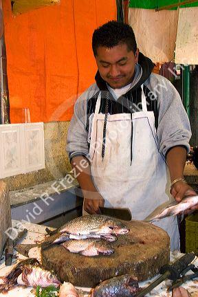 Vendor cleaning fresh fish at the Merced Market in Mexico City, Mexico.