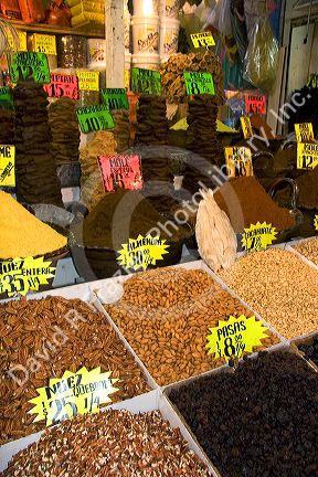 A variety of nuts and moles for sale at the Merced Market in Mexico City, Mexico.