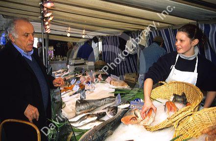 An open air poissonnerie fish market in Paris, France.