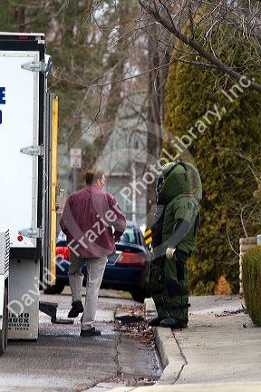 Boise Police Department Bomb Squad officer wearing personal protective equipment in Boise, Idaho.