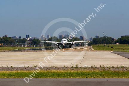 Boeing 737 airplane on the runway at Aeroparque Metropolitano Jorge Newbery in Buenos Aires, Argentina.