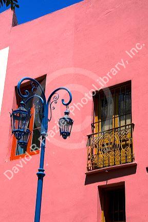 Colorful building and lamp post in the La Boca barrio of Buenos Aires, Argentina.