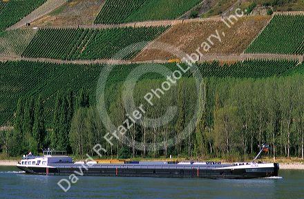 River barge on the Upper Rhine near Loreley, Germany.