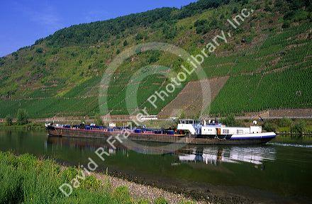 River barge on the Upper Rhine near Loreley, Germany.