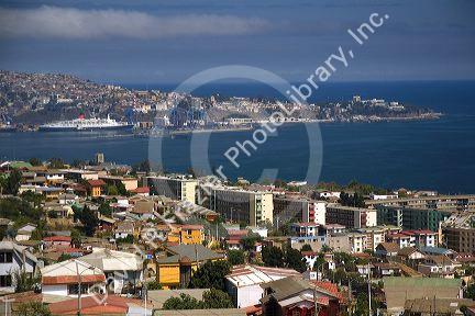 Queen Elizabeth II docked in the Port at Valparaiso, Chile.