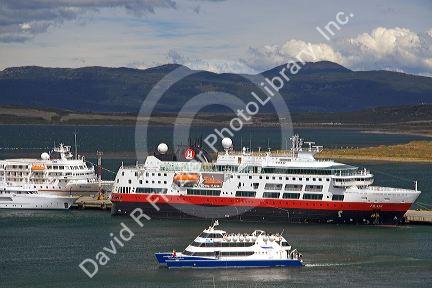 Hurtigruten's Fram Cruise Ship docked in the bay at Ushuaia on the island of Tierra del Fuego, Argentina.