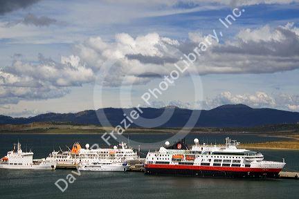 Hurtigruten's Fram Cruise Ship docked in the bay at Ushuaia on the Island of Tierra del Fuego, Argentina.