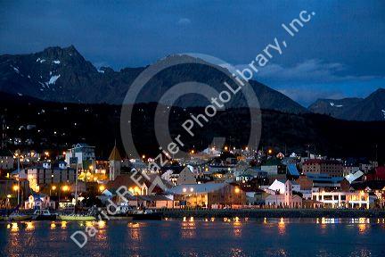 The harbor and city of Ushuaia on the island of Tierra del Fuego, Argentina.