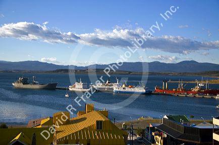 Ships in the bay at Ushuaia on the island of Tierra del Fuego, Argentina.