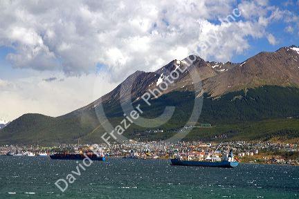 The harbor and city of Ushuaia below the Martial mountain range on the island of Tierra del Fuego, Argentina.