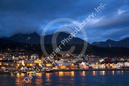 The harbor and city of Ushuaia at dusk on the island of Tierra del Fuego, Argentina.