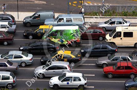 Traffic on Ninth of July Avenue in Buenos Aires, Argentina.
