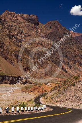 Highway along the Mendoza River in the Andes Mountain Range west of Upsallata, Argentina.