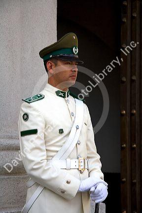 A guard outside the Palacio de la Moneda in Santiago, Chile.