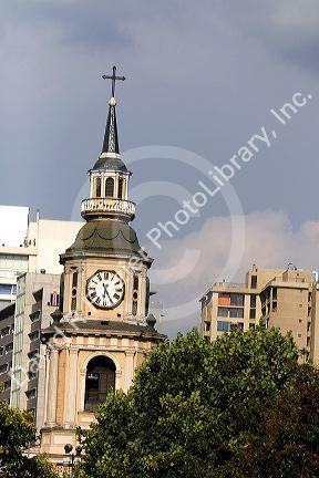 Steeple of Church along O'Higgins Boulevard in Santiago, Chile.