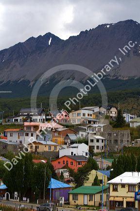 Housing below the Martial mountain range at Ushuaia on the island of Tierra del Fuego, Argentina.