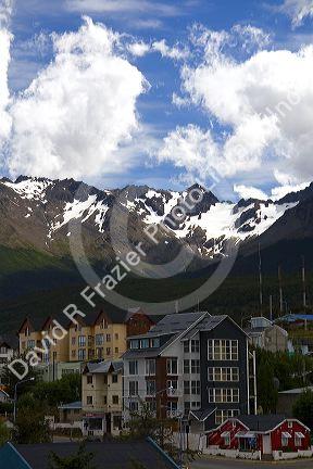 Housing below the Martial mountain range at Ushuaia on the island of Tierra del Fuego, Argentina.