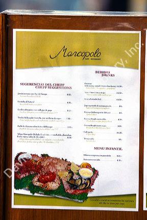 Spanish language restaurant menu at Ushuaia on the island of Tierra del Fuego, Argentina.