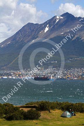 Tent camping on the bay at Ushuaia, Argentina.