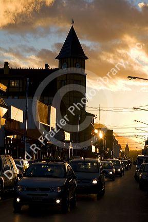 Street scene at sunset in Ushuaia, Tierra del Fuego, Argentina.