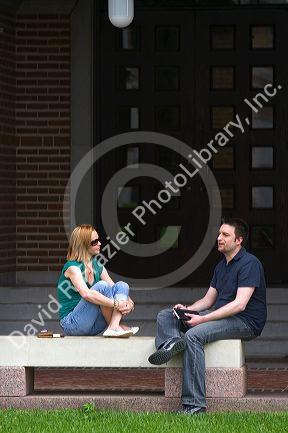 Students talk at Lovett Hall on the campus of William Marsh Rice University in Houston, Texas. MR