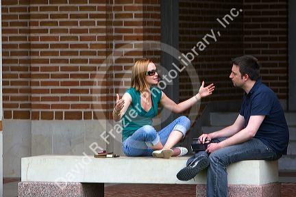 Students talk at Lovett Hall on the campus of William Marsh Rice University in Houston, Texas. MR