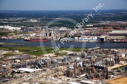 Aerial view of oil refineries along the Houston Ship Channel in Houston, Texas.