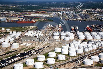 Aerial view of oil refineries along the Houston Ship Channel in Houston, Texas.