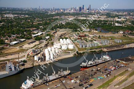 Aerial view of the Port of Houston along the Houston Ship Channel in Houston, Texas.