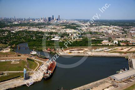 Aerial view of the Port of Houston along the Houston Ship Channel in Houston, Texas.